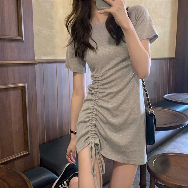 Everose-Short-Sleeve Drawstring Mini Dress
