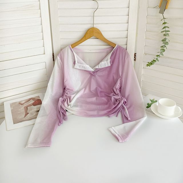 Iasia-Mock Two-Piece Long-Sleeve V-Neck Ombre Drawstring Top