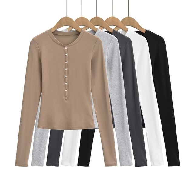 Faiar-Long-Sleeve Crewneck Half Buttoned Plain Top