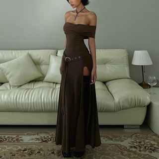Sugarcoat Short-Sleeve Off Shoulder Slit Hem Maxi A-Line Dress