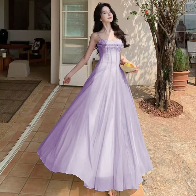 Moanum-Spaghetti Strap V-Neck Plain Frill Trim Open Back Maxi A-Line Dress
