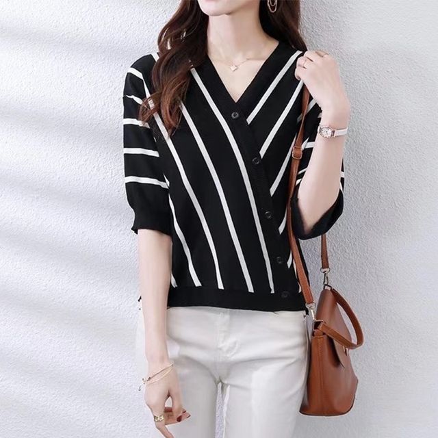 Everose-Puff-Sleeve Striped Knit Top