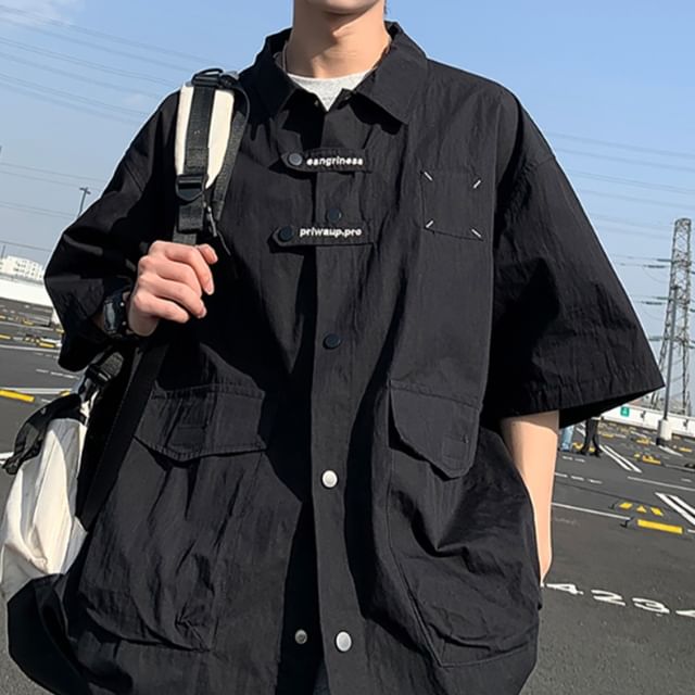 emeisa-Elbow-Sleeve Pocketed Plain Cargo Shirt