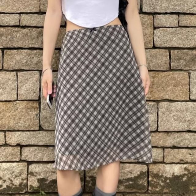 Coris-Low Rise Plaid Midi A-Line Skirt