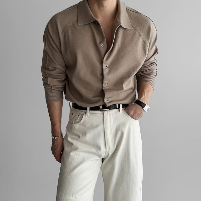 Okwano-Long Sleeve Collared Plain Button Knit Top