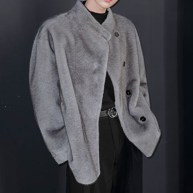 Freehop-Stand Collar Plain Faux Fur Button Jacket