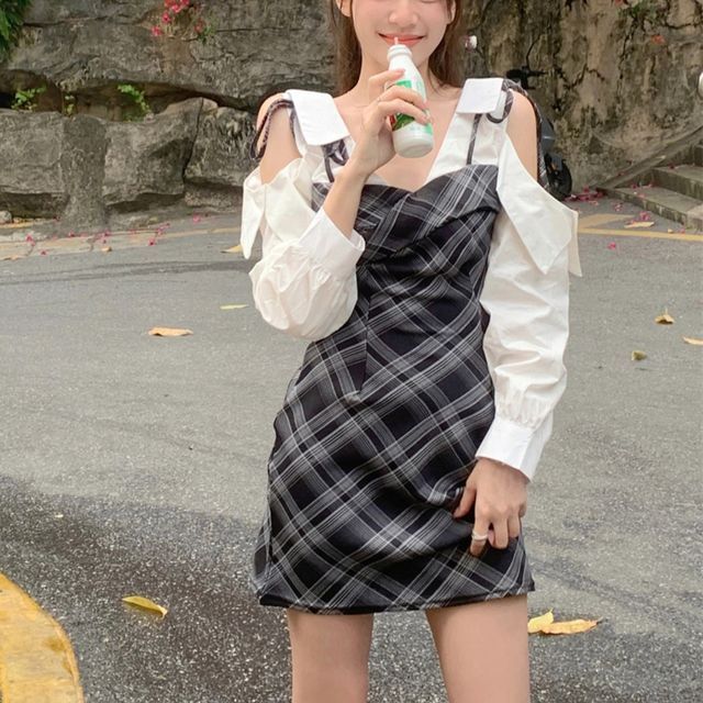 long sleeve checkered bodycon dress