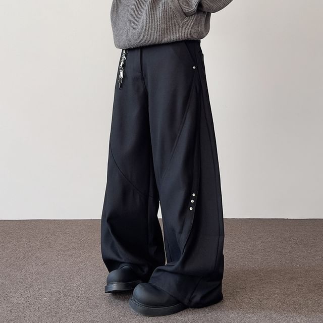 Nightbell-Mid Rise Plain Wide Leg Pants