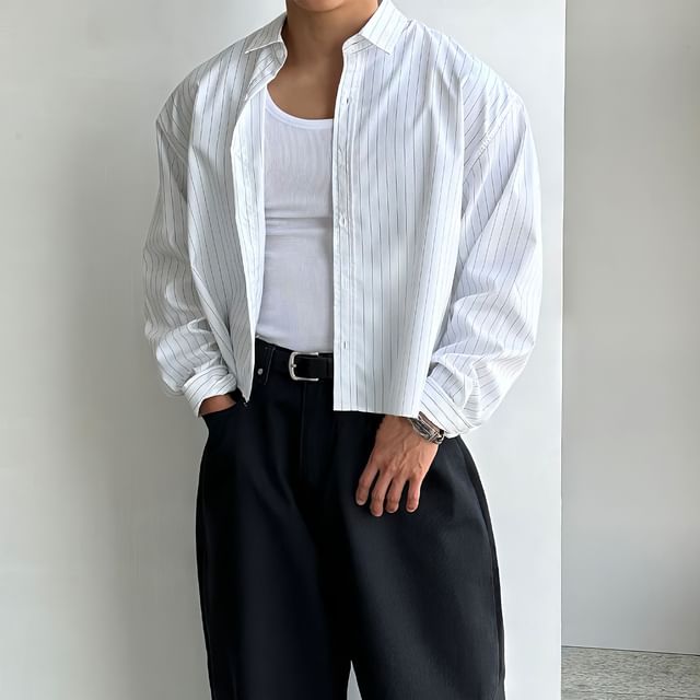 Okwano-Long-Sleeve Collared Pinstriped Shirt