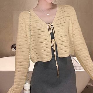Essere-V-Neck Plain Pointelle Crop Tie Front Cardigan