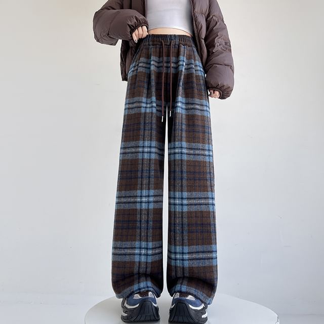 Magimomo-Drawstring Waist Plaid Baggy Pants