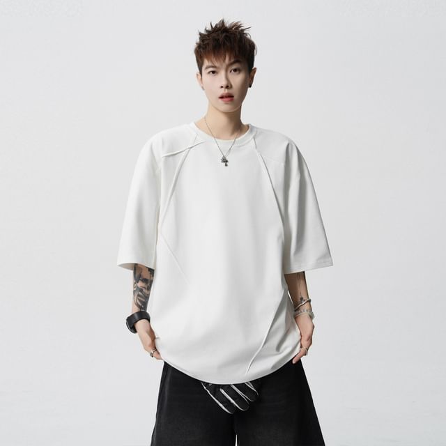 Koiyua-Short Sleeve Crew Neck Plain Panel T-Shirt