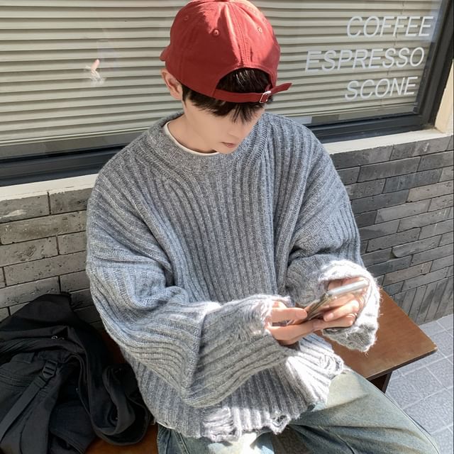Urtishia-Crew Neck Plain Distressed Sweater