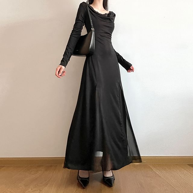 Amyway - Long-Sleeve Cowl Neck Plain Mesh Panel Lace Maxi A-Line Dress |  YesStyle
