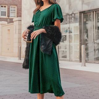 LaLaLadies - Short-Sleeve V-Neck Dotted Chiffon Midi A-Line Dress