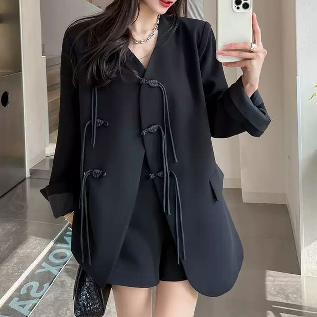 Acoustic Rain-Collarless Plain Frog Button Blazer