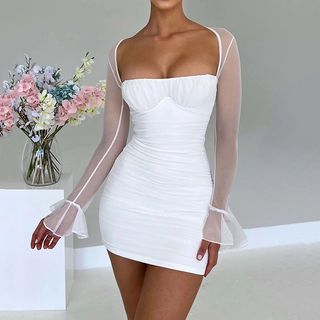 GRAYSI - Long-Sleeve Square Neck Mesh Panel Plain Mini Bodycon Dress |  YesStyle