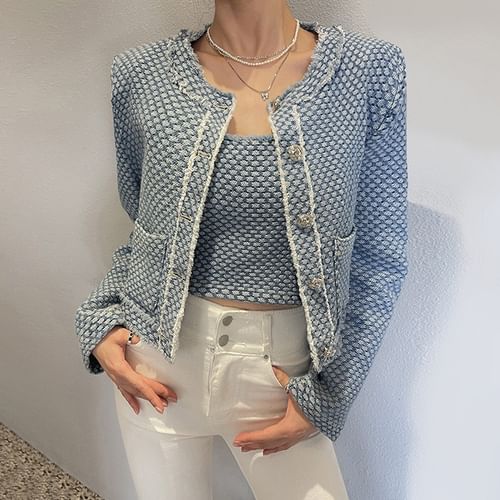 Fringed Patterned Denim Jacket & Bustier Top Set