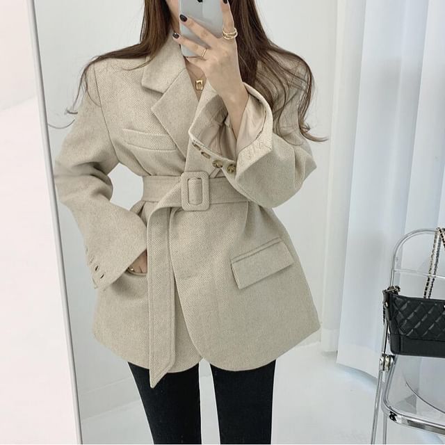 Jesong-Set Notch Lapel Herringbone Blazer Belt