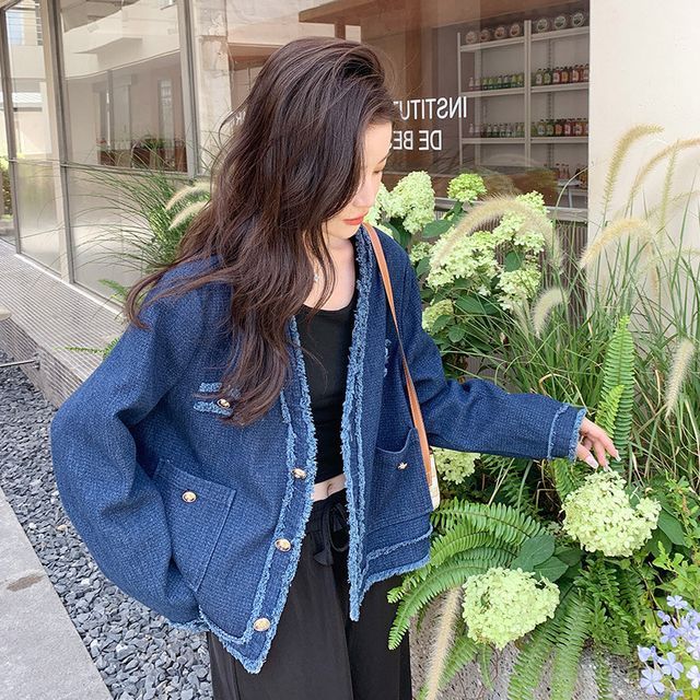 QUAIN Fringe Trim Denim Jacket YesStyle