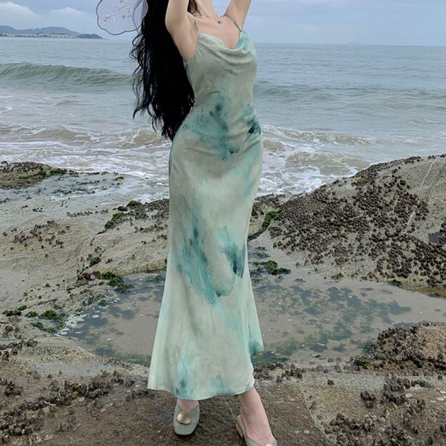 Pensacola - Spaghetti Strap Tie Dye Maxi Bodycon Dress | YesStyle
