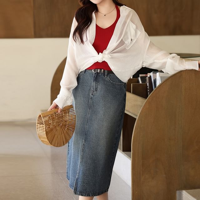 Telipino Plain Ribbed Halter Top High Rise Front-Slit Denim