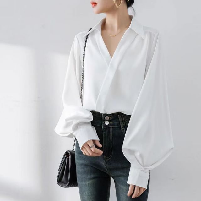 Everose-Long-Sleeve V-Neck Plain Blouse