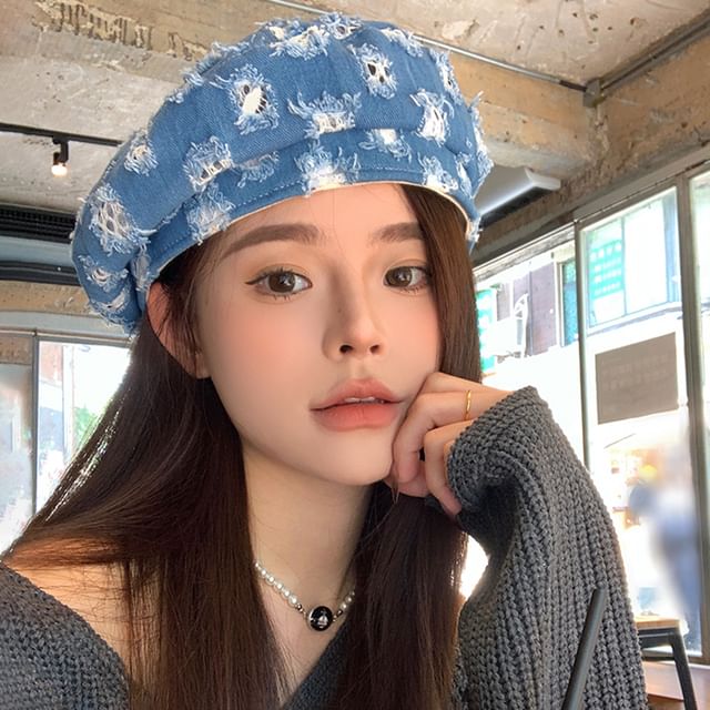 Hatrix-Washed Distressed Denim Beret