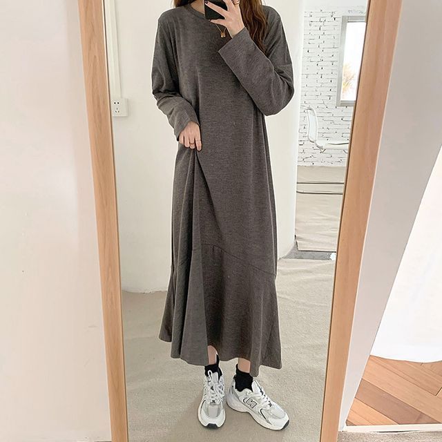 Odestra Long-Sleeve Round Neck Plain Ruffle Midi A-Line T-Shirt