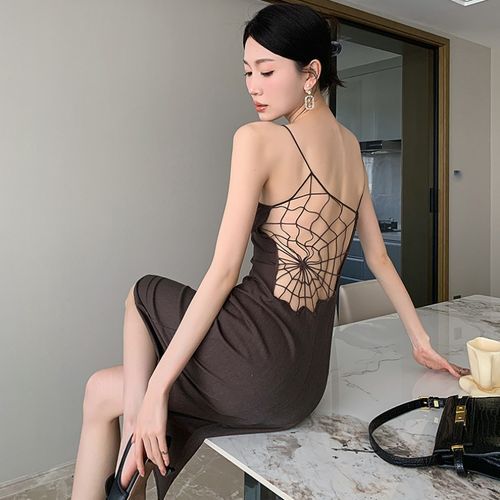 spider web cut out dress Our Gothic Black Back Spider-Web Hollow Out, High Slit, Sleeveless Dress For Women is such a vibe