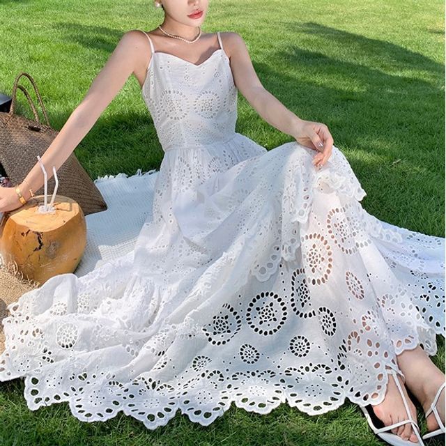 Yuxi - Spaghetti Strap Eyelet Lace Maxi A-Line Dress | YesStyle