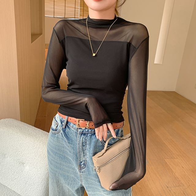 evanesce-Long-Sleeve Mock Neck Mesh Plain Top