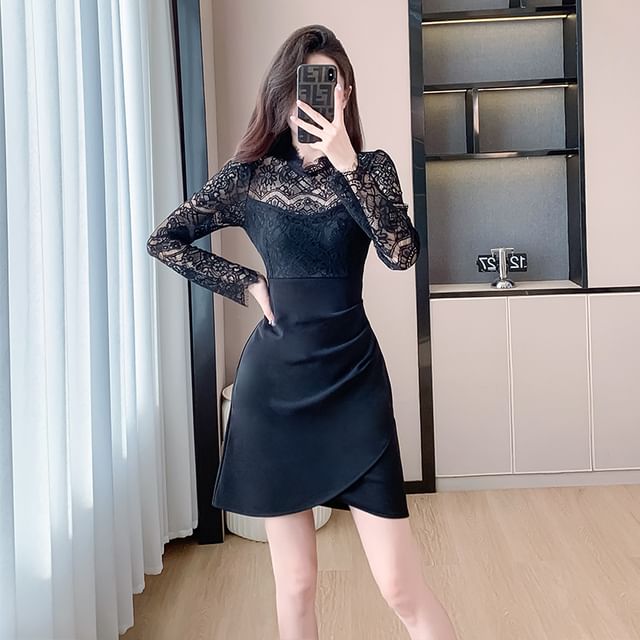Sienne - Long-Sleeve Crew Neck Lace Panel Mini A-Line Dress | YesStyle