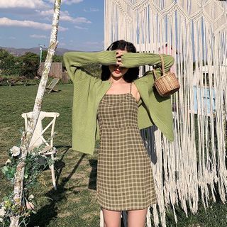 plaid spaghetti strap mini dress Women's Sleeveless Spaghetti Strap Side Slit Plaid Mini Dress
