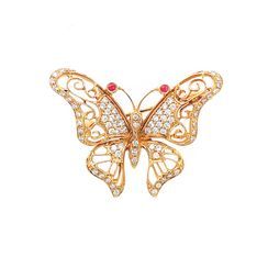 Keleo - 18K White Gold Butterfly Design Brooch Set with Diamond, Colorstone