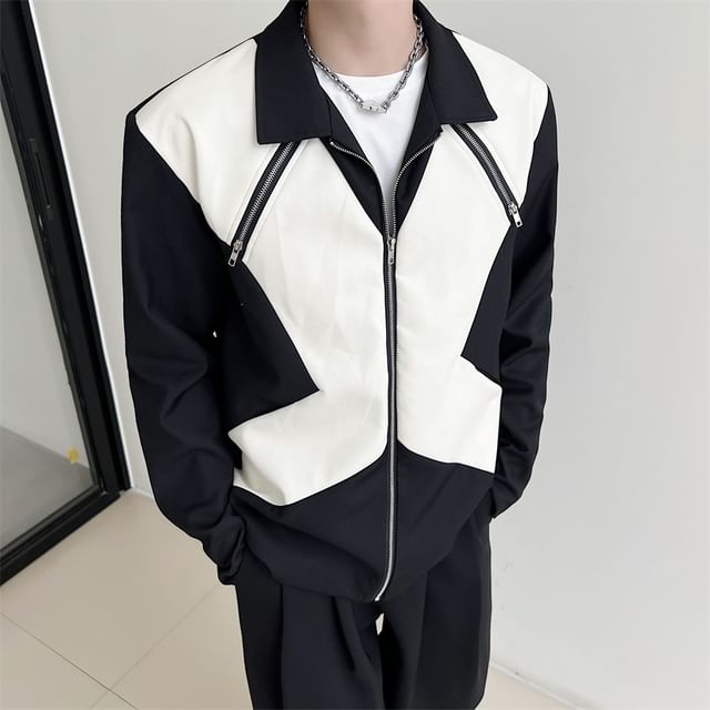Omozando-Collared Two Tone Oversized Zip Jacket