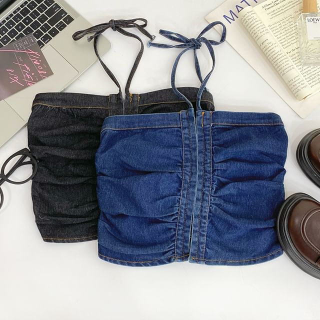 Iasia-Halter Washed Drawstring Crop Denim Top
