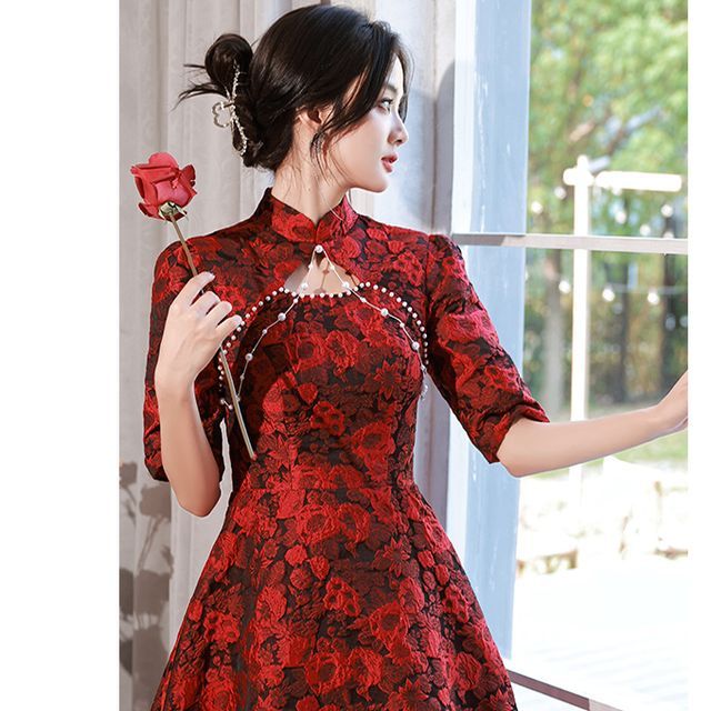 Mar de Amor - Elbow-Sleeve Mandarin Collar Floral Embossed Faux Pearl Trim  Cut Out Midi A-Line Evening Dress