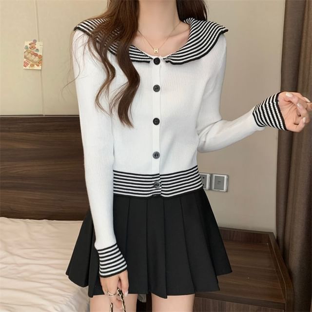Sisyphi-Sailor Collar Striped Trim Button-Up Cardigan