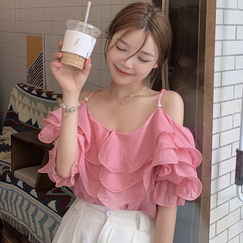 WIKPROM - Cold-Shoulder Layered Ruffle Trim Top