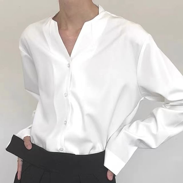 Ateso-Long-Sleeve Notch Neck Plain Shirt