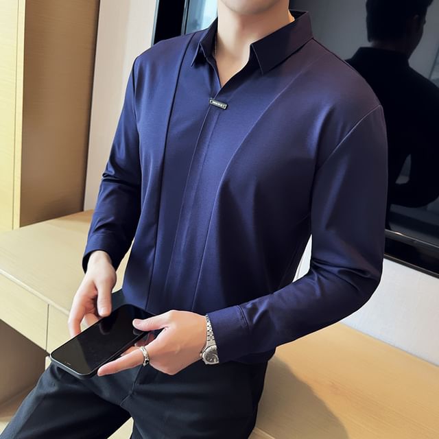 Lefitt-Long-Sleeve V-Neck Plain Shirt