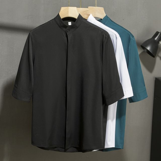 Nightbell-Elbow-Sleeve Stand Collar Plain Shirt