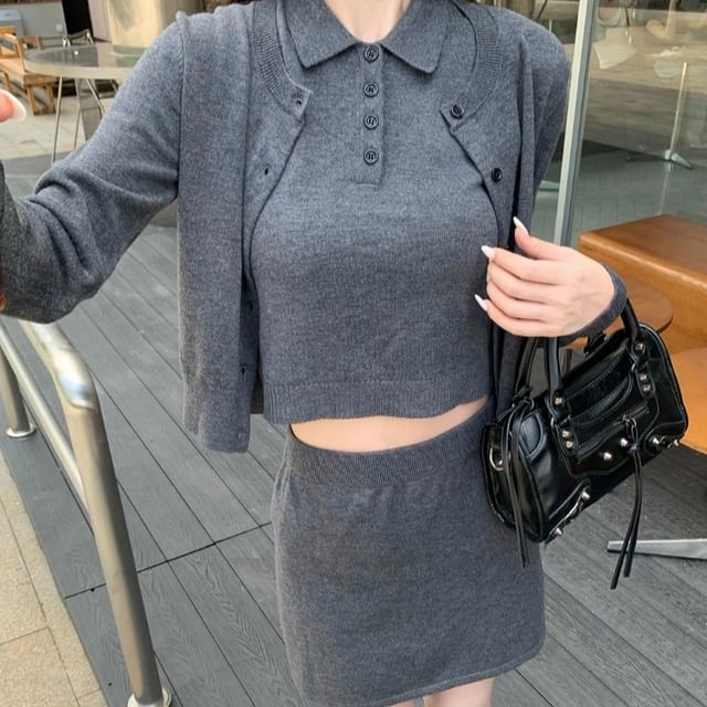 Beem-Round Neck Cardigan Sleeveless Collared Button Knit Crop Top High Rise Mini A-Line Skirt