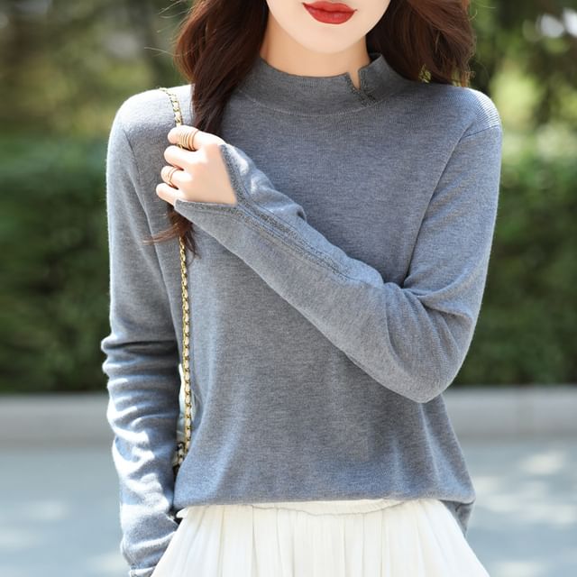 Weelop-Long Sleeve Mock Neck Plain Slit Knit Top