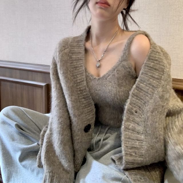 Gilmort-Plain Knit Cami Top V-Neck Cardigan