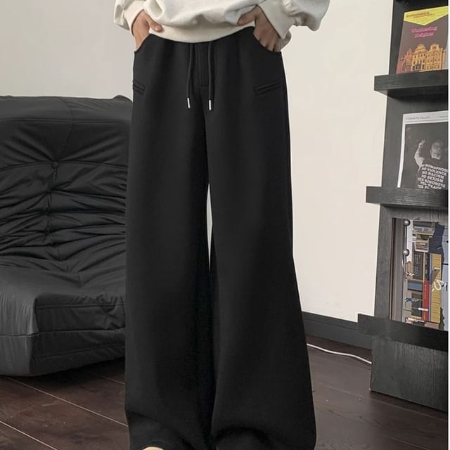 Bay Go Mall-Drawstring Waist Plain Wide Leg Pants