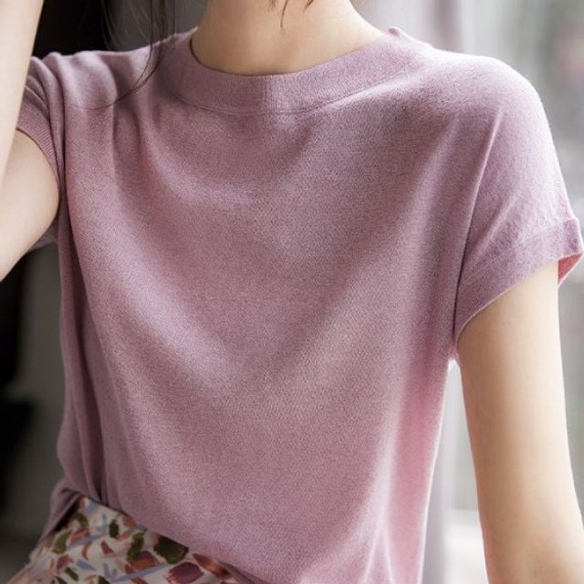 INEN-Short-Sleeve Crew Neck Plain Knit Top