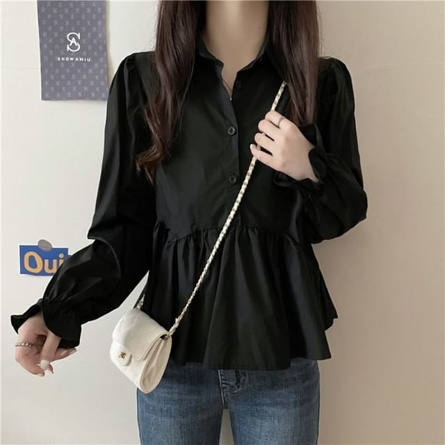 Sisyphi-Puff-Sleeve Plain Button-Up Blouse