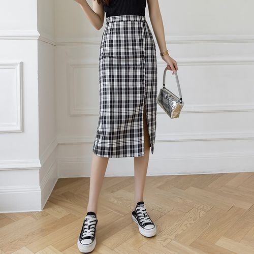 Plaid midi outlet pencil skirt